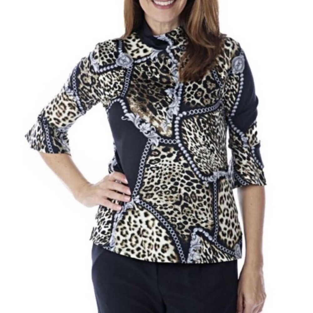 New Artizan Robin Barré Bell Sleeve Leopard Chain Print Top Size Large